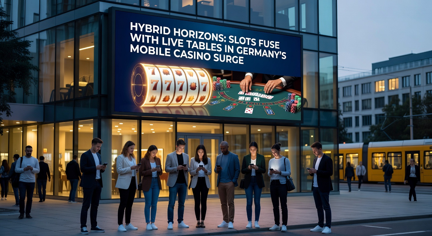 Smartphone mit hybriden Casino-Spielen, das Slots und Live-Dealer-Tische kombiniert, umgeben von deutschen Flaggen und mobilen Icons